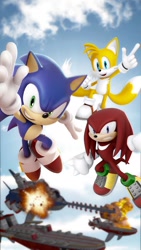 Size: 750x1334 | Tagged: safe, artist:nicktehnugget, knuckles the echidna, miles "tails" prower, sonic the hedgehog, sonic heroes, 2020, 3d, abstract background, battleship, clenched teeth, clouds, daytime, egg fleet, explosion, gloves, looking at viewer, mid-air, outdoors, shoes, smile, socks, team sonic, trio, wallpaper
