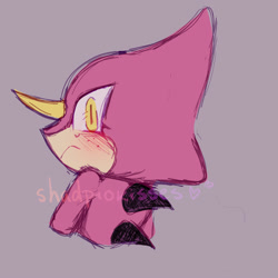 Size: 1000x1000 | Tagged: safe, artist:shadpiokisses, espio the chameleon, 2025, blushing, bust, eyelashes, freckles, frown, looking at viewer, looking back, looking back at viewer, purple background, signature, simple background, solo, sweatdrop