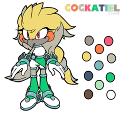 Size: 795x719 | Tagged: safe, artist:cinnat, oc, bird, 2021, belt, boots, clothes, cockatiel, color palette, english text, flat colors, gloves, mouth open, oc only, simple background, solo, standing, text, transparent background