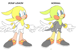 Size: 1280x867 | Tagged: safe, artist:drawloverlala, oc, oc:lemon the cockatiel, bird, alternate version, bowtie, cockatiel, duality, english text, flat colors, gloves, oc only, shoes, simple background, smile, smiling at viewer, solo, standing, text, white background