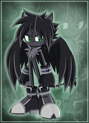 Size: 1218x1679 | Tagged: safe, artist:risziarts, artist:sonictheedgehog, oc, oc:thorn the dark pegasus, 2022, black fur, black gloves, black shoes, boots, border, chest fluff, clenched fists, echo background, fingerless gloves, frown, gloves, green eyes, hair, looking at viewer, oc only, outline, pegasus, pony, solo, standing, uekawa style, wings