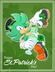 Size: 1300x1700 | Tagged: safe, artist:321pietime, irish the hedgehog, hedgehog, 2021, abstract background, blue eyes, border, clenched teeth, clothes, cream (food), drink, drinking, english text, four leaf clover, gloves, green fur, hat, holding something, looking at viewer, outline, shoes, signature, smile, smiling at viewer, smoothie, solo, st.patrick's day, straw, text, treads, wink, winking at viewer