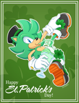 Size: 1300x1700 | Tagged: safe, artist:321pietime, irish the hedgehog, hedgehog, 2021, abstract background, blue eyes, border, clenched teeth, clothes, cream (food), drink, drinking, english text, four leaf clover, gloves, green fur, hat, holding something, looking at viewer, outline, shoes, signature, smile, smiling at viewer, smoothie, solo, st.patrick's day, straw, text, treads, wink, winking at viewer