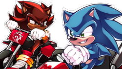 Size: 1920x1080 | Tagged: safe, artist:kiana575, shadow the hedgehog, sonic the hedgehog, hedgehog, 2025, black fur, blue fur, crossover, dark skin, driving, duo, frown, go-cart, green eyes, looking ahead, looking at them, mario cart, motorcycle, outline, red eyes, simple background, smile, steering wheel, transparent background, youtube thumbnail