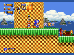 Size: 320x240 | Tagged: safe, artist:lady-bluestreak, miles "tails" prower, sonic the hedgehog, 2017, checkpoint, classic sonic, classic tails, clouds, daytime, duo, fake screenshot, flower, grass, life counter, outdoors, pixel art, rock, sonic 4: episode 2, splash hill zone, spring, sprite, standing, star post, water