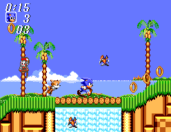 Size: 248x192 | Tagged: safe, artist:joeytherabbit, coconuts, miles "tails" prower, sonic the hedgehog, sonic the hedgehog 2, 2019, 8-bit, badnik, bridge, chopper, classic sonic, classic tails, coconut, daytime, emerald hill, fake screenshot, grass, group, low res, mid-air, outdoors, ring, robot, running, sonic the hedgehog 2 (8bit), spinning tails, sprite, style emulation, tree, water, waterfall