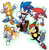 Size: 2624x2676 | Tagged: safe, artist:waniramirez, knuckles the echidna, mighty the armadillo, miles "tails" prower, ray the flying squirrel, sonic the hedgehog, sonic mania, 2018, classic knuckles, classic mighty, classic ray, classic sonic, classic tails, debris, flying, gradient background, group, holding something, looking at viewer, mid-air, smile, smiling at viewer, sonic mania plus, spinning tails, standing, standing on one leg, standing on something, v sign