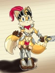 Size: 1536x2048 | Tagged: safe, artist:slayerlazenca, miles "tails" prower, oc, oc:tailsko, 2024, :<, blushing, breasts, frown, gender swap, holding something, knight armor, lined paper, looking at viewer, shadow (lighting), signature, small breasts, solo, standing, stomach fluff, sword, traditional media, valiant knight tails, weapon