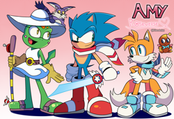 Size: 2756x1892 | Tagged: safe, artist:kitarehamakura, big the cat, chocola (chao), froggy, miles "tails" prower, sonic the hedgehog, cat, chao, fox, frog, hedgehog, 2022, alternate outfit, alternate universe, au:roseverse, belt, blue shoes, boots, dress, female, fishing pole, gloves, gradient background, group, hat, holding something, literal animal, male, neutral chao, on head, role swap, sandals, scarf, shadow (lighting), shoes, smile, standing, sun hat, sword, text, weapon