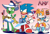 Size: 2756x1892 | Tagged: safe, artist:kitarehamakura, big the cat, chocola (chao), froggy, miles "tails" prower, sonic the hedgehog, cat, chao, fox, frog, hedgehog, 2022, alternate outfit, alternate universe, au:roseverse, belt, blue shoes, boots, dress, female, fishing pole, gloves, gradient background, group, hat, holding something, literal animal, male, neutral chao, on head, role swap, sandals, scarf, shadow (lighting), shoes, smile, standing, sun hat, sword, text, weapon
