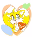 Size: 1540x1777 | Tagged: safe, artist:rinri1310, miles "tails" prower, 2021, blushing, chocolate box, cute, eyelashes, flat colors, flower, heart, heart tail, leg fluff, mouth open, open smile, rose, smile, smiling at viewer, solo, tailabetes, valentine's day