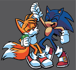Size: 701x645 | Tagged: safe, artist:stardust-ashe, miles "tails" prower, sonic the hedgehog, 2022, chaos emerald, duo, eyes closed, grey background, holding hands, holding something, redraw, simple background, smile, standing