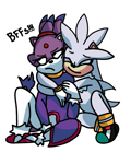 Size: 479x597 | Tagged: safe, artist:stardust-ashe, blaze the cat, silver the hedgehog, 2022, base used, best friends, duo, eyes closed, frown, hugging, looking away, not shipping, platonic, simple background, sitting, smile, text, white background