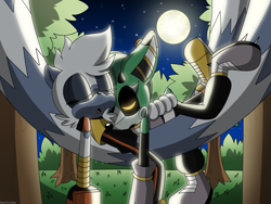 Size: 4000x3000 | Tagged: safe, artist:fartist2020, cassia the pronghorn, tangle the lemur, deer, lemur, abstract background, duo, female, grass, hammock, holding them, moon, nighttime, outdoors, pronghorn deer, sleeping, star (sky), tree