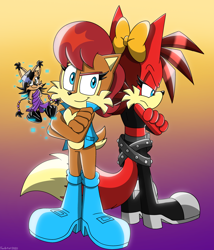 Size: 3000x3500 | Tagged: safe, artist:fartist2020, fiona fox, nicole the hololynx, sally acorn, chipmunk, fox, lynx, squirrel, arms folded, back to back, digital static, gradient background, hololynx, sally's vest and boots, trio