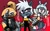 Size: 697x427 | Tagged: safe, artist:gigi-sonicandgumball, jewel the beetle, tangle the lemur, whisper the wolf, bee, beetle, lemur, wolf, 2024, clenched fists, clenched teeth, diamond cutters, female, flapping wings, flying, frown, gradient background, looking at viewer, looking offscreen, mid-air, mouth open, one fang, redraw, signature, standing, trio