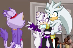 Size: 1024x686 | Tagged: safe, artist:kat4nadep4pel, blaze the cat, silver the hedgehog, oc, oc:summer the hedgehog, hedgehog, 2024, abstract background, canon x oc, door, indoors, looking at each other, looking at them, meme, protecting, reference inset, shipping, shipping denied, silver x summer, straight, trio