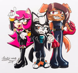 Size: 2304x2168 | Tagged: safe, artist:adairyaskie, oc, oc:anti-malice, oc:anti-percy, oc:anti-yodey, dog, hedgehog, jackal, 2024, anti-mobius, claws, clothes, heterochromia, l sign, oc team, signature, standing, traditional media, trio