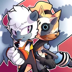 Size: 1092x1092 | Tagged: safe, artist:lavvacarterart, tangle the lemur, whisper the wolf, 2024, clenched fists, duo, eyes closed, frown, gradient background, holding something, looking at viewer, mouth open, one fang, open smile, outline, signature, smile, smiling at viewer, standing