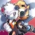 Size: 1092x1092 | Tagged: safe, artist:lavvacarterart, tangle the lemur, whisper the wolf, 2024, clenched fists, duo, eyes closed, frown, gradient background, holding something, looking at viewer, mouth open, one fang, open smile, outline, signature, smile, smiling at viewer, standing, white outline