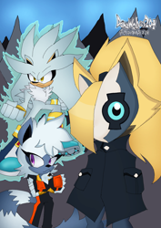Size: 1000x1414 | Tagged: safe, artist:damewolves20, silver the hedgehog, tangle the lemur, whisper the wolf, 2024, abstract background, arms folded, clenched fists, diamond cutters, flying, looking at viewer, looking offscreen, mask over eyes, mid-air, psychokinesis, signature, smile, standing, trio