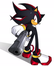 Size: 1686x2048 | Tagged: safe, artist:realshadowfan01, shadow the hedgehog, 2025, clenched teeth, frown, gun, holding something, looking at viewer, pointing gun at viewer, redraw, shadow (lighting), shadow the hedgehog (video game), simple background, solo, standing, white background