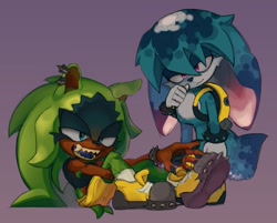 Size: 1200x964 | Tagged: safe, artist:ikabloom, kit the fennec, surge the tenrec, 2025, alternate version, duo, fur markings, gradient background, lidded eyes, looking at viewer, pawpads, sitting, smile, standing