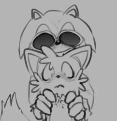 Size: 754x778 | Tagged: safe, artist:sontailsstuff, miles "tails" prower, scourge the hedgehog, 2025, blushing, duo, frown, gay, grey background, hands on another's shoulders, line art, monochrome, scourails, scourge x tails, shipping, simple background, smile