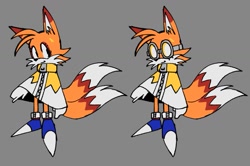 Size: 1193x791 | Tagged: safe, artist:grassowl641, miles "tails" prower, 2025, blue shoes, duality, eyelashes, goggles, grey background, jacket, looking at viewer, shoes, simple background, solo, standing, zip