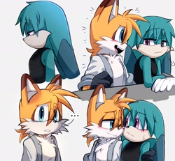 Size: 2048x1895 | Tagged: safe, artist:_ra_fox_, kit the fennec, miles "tails" prower, ..., 2025, aged up, blushing, duo, eye clipping through hair, eyebrow clipping through hair, fur markings, gay, kit x tails, shipping, simple background, white background