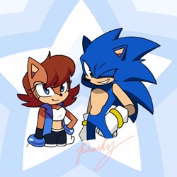 Size: 1000x1000 | Tagged: safe, artist:carlapereiraherrer, sally acorn, sonic the hedgehog, chipmunk, hedgehog, 2025, abstract background, alternate outfit, artist signature, duo, ringblader, sally x sonic, shipping, star background, straight