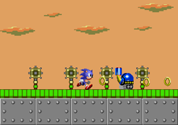 Size: 320x224 | Tagged: safe, artist:souptaels, sonic the hedgehog, 2016, badnik, classic sonic, clouds, duo, fake screenshot, mecha green hill zone, metal-o-turtle, outdoors, ring, robot, running, sonic chaos