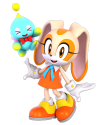 Size: 1831x2160 | Tagged: safe, artist:adverse56, cheese (chao), cream the rabbit, chao, sonic heroes, 2025, 3d, duo, eyes closed, flying, looking at viewer, mid-air, mouth open, neutral chao, open smile, redraw, smile, smiling at viewer, standing