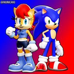 Size: 3840x3840 | Tagged: safe, artist:hunicrio, sally acorn, sonic the hedgehog, chipmunk, hedgehog, 2022, 3d, blender (medium), duo, sally x sonic, sally's ringblader outfit, shipping, simple background, straight