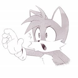 Size: 2048x2048 | Tagged: safe, artist:squorkalart, miles "tails" prower, 2025, >:o, cute, expressions meme, greyscale, looking offscreen, meme, monochrome, mouth open, reaching out, signature, simple background, solo, tailabetes, white background