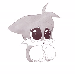 Size: 2048x2048 | Tagged: safe, artist:squorkalart, miles "tails" prower, 2025, clenched fists, crying, cute, expressions meme, floppy ears, greyscale, looking offscreen, meme, monochrome, no mouth, sad, signature, simple background, solo, tailabetes, tears, tears of sadness, white background, wide eyes