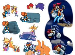 Size: 1280x935 | Tagged: safe, artist:marieyeet, bunnie rabbot, cream the rabbit, nicole the handheld, sally acorn, sonic the hedgehog, chipmunk, hedgehog, rabbit, 2021, child, female, laughing, male, moaning, moon, nighttime, quartet, sally x sonic, sally's ringblader outfit, sally's vest and boots, shipping, sleeping, sofa, sonic the werehog, straight, werehog