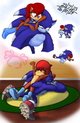 Size: 1611x2462 | Tagged: safe, artist:marieyeet, sally acorn, sonic the hedgehog, chipmunk, hedgehog, 2024, carpet, duo, lying down, sally x sonic, sally's vest and boots, shipping, sleeping, sonic the werehog, straight, watermark, werehog
