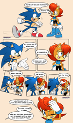 Size: 1280x2138 | Tagged: safe, artist:risziarts, sally acorn, sonic the hedgehog, chipmunk, hedgehog, 2023, comic, dialogue, duo, english text, hand on cheek, hand on head, sally x sonic, sally's ringblader outfit, shipping, simple background, speech bubble, straight