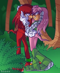 Size: 1688x2048 | Tagged: safe, artist:anonoarts, julie-su, knuckles the echidna, echidna, 2022, blushing, duo, female, forest, hand on cheek, julie-su x knuckles, looking at each other, male, shipping