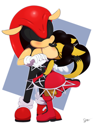 Size: 2061x2747 | Tagged: safe, honey the cat, mighty the armadillo, armadillo, cat, 2020, artist signature, duo, female, hands together, kiss, male, mightoney, shipping, simple background, straight