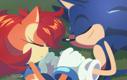 Size: 1402x886 | Tagged: safe, artist:risziarts, sally acorn, sonic the hedgehog, chipmunk, hedgehog, 2024, duo, grass, hands together, lying down, sally x sonic, sally's ringblader outfit, shipping, sleeping, straight