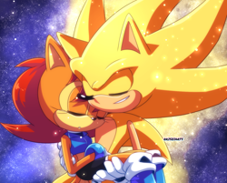 Size: 1440x1155 | Tagged: safe, artist:risziarts, sally acorn, sonic the hedgehog, super sonic, chipmunk, hedgehog, 2023, carrying them, duo, female, male, sally x sonic, shipping, sleeping, space, straight, super form