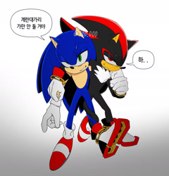 Size: 1722x1794 | Tagged: safe, artist:guitar_00000001, shadow the hedgehog, sonic the hedgehog, 2025, carrying them, duo, korean text, simple background, smile, speech bubble, white background