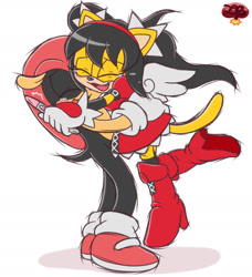 Size: 1402x1536 | Tagged: safe, artist:ladycherrybomb, honey the cat, mighty the armadillo, armadillo, cat, 2023, duo, female, happy, hugging, male, mightoney, pregnancy test, shipping, simple background, straight, tears, tears of happiness, white gloves