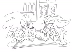 Size: 2000x1449 | Tagged: safe, artist:guitar_00000001, shadow the hedgehog, sonic the hedgehog, 2025, barefoot, disgust, drink, duo, food, greyscale, holding something, lidded eyes, looking at them, monochrome, simple background, sketch, smile, tongue out, white background