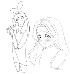 Size: 1744x1845 | Tagged: safe, artist:guitar_00000001, maria robotnik, human, 2025, blushing, greyscale, monochrome, simple background, sketch, solo, standing, white background