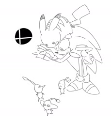 Size: 1580x1722 | Tagged: safe, artist:guitar_00000001, sonic the hedgehog, 2025, crossover, greyscale, group, looking at them, looking down, monochrome, pikachu, pikmin, pokemon, simple background, sketch, smile, standing, super smash brothers, white background