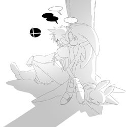 Size: 2000x2000 | Tagged: safe, artist:guitar_00000001, sonic the hedgehog, human, 2025, cloud strife, crossover, duo, final fantasy, greyscale, grin, hands behind head, looking at them, monochrome, pikachu, pokemon, shadow (lighting), sketch, smile, speech bubble, standing, super smash brothers, tree, trio