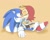 Size: 735x588 | Tagged: safe, artist:kiipuonranningu, sally acorn, sonic the hedgehog, chipmunk, hedgehog, artist signature, blushing, deactivated deviantart account, duo, female, holding another's face, kiss, male, orange background, sally x sonic, sally's ringblader outfit, shipping, sitting, straight